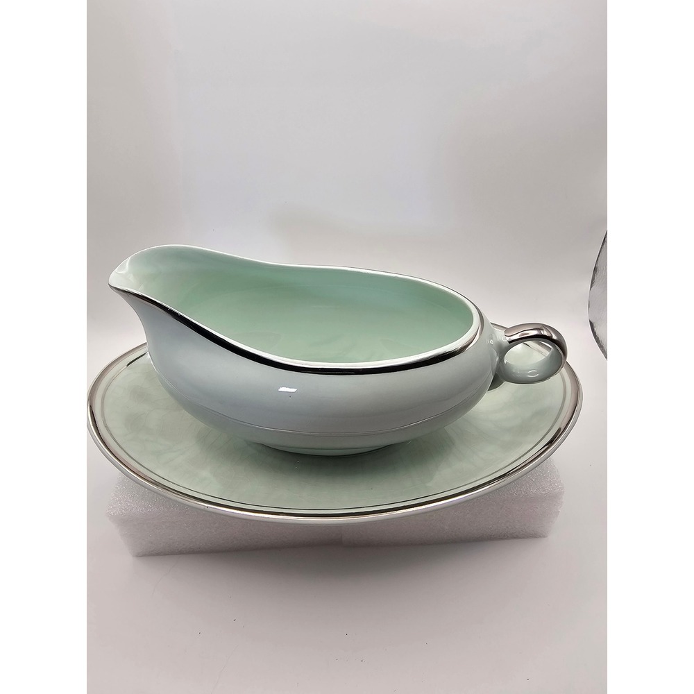 Vintage Celadon Green Ceramic Gravy Boat and Underplate Silver Trim Serving Set